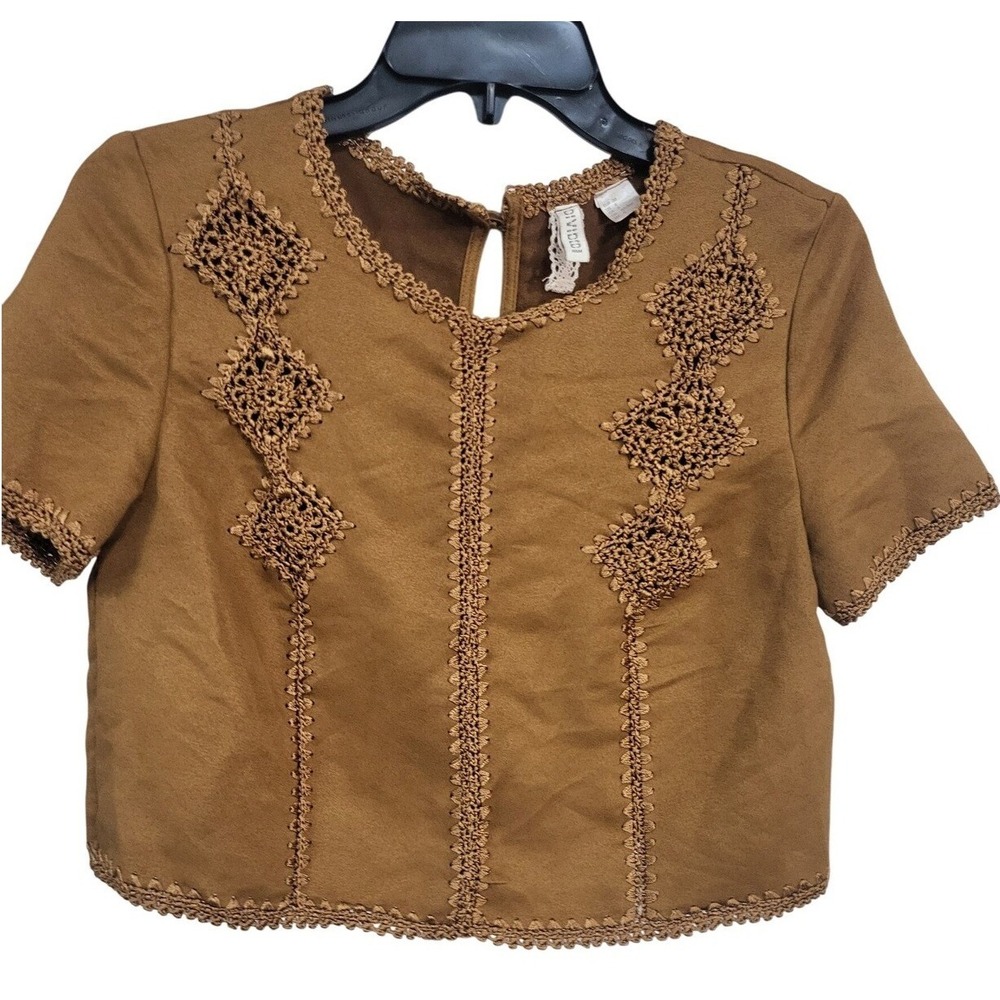 H&M Divided Crochet Trim Top Brown Faux Suede Blouse Boho Chic Size US 6